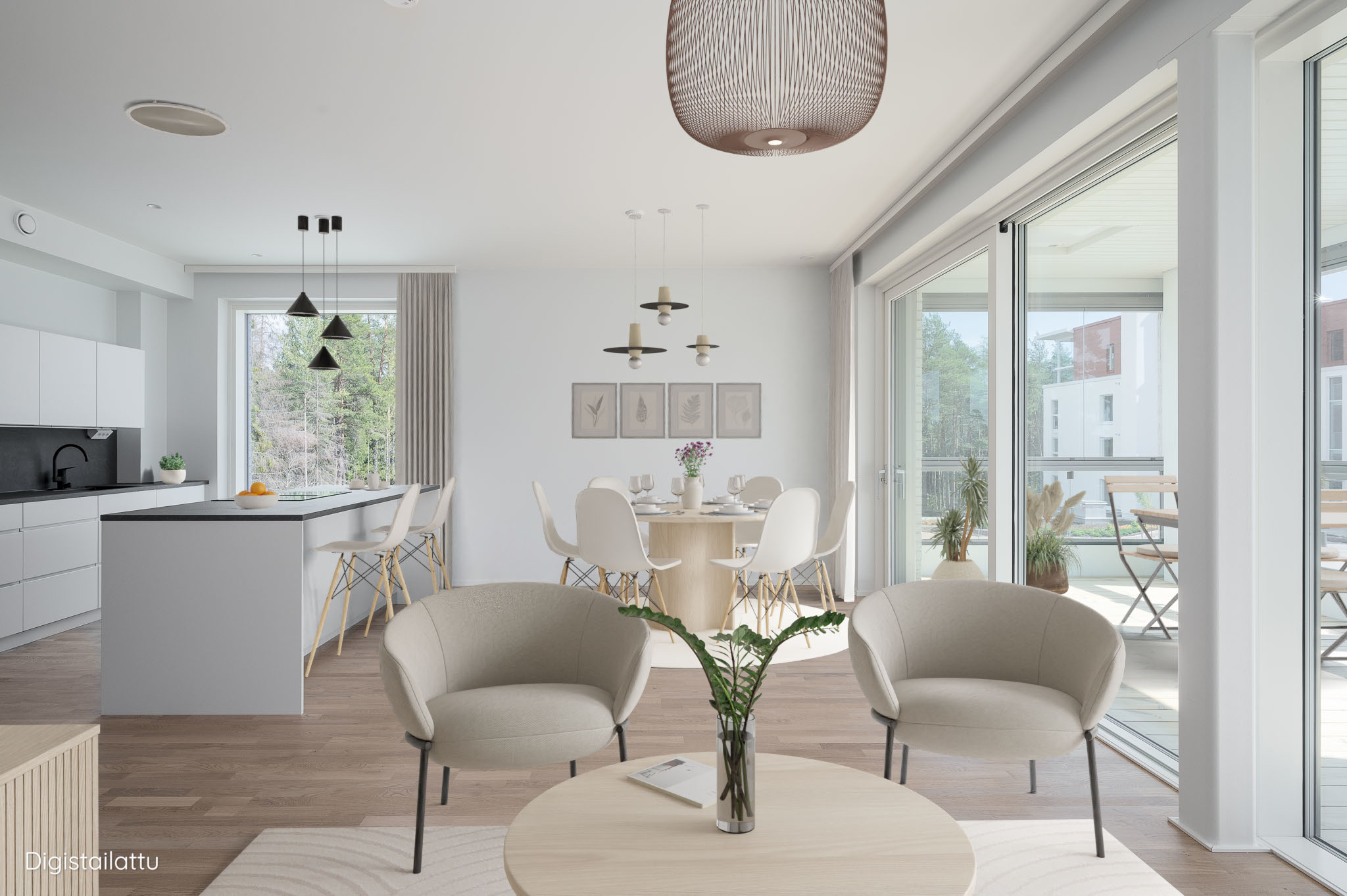 A7 living room and kitchen, digitally staged